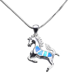 Trendy Blue Opal 925 Sterling Silver Filled Horse Necklace