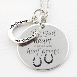 The Road to my heart is paved with hoof prints Engraved Necklace With Horseshoe Charm